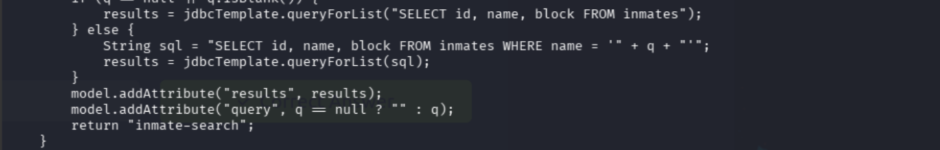 InmateController.java showing raw SQL concatenation with user input q